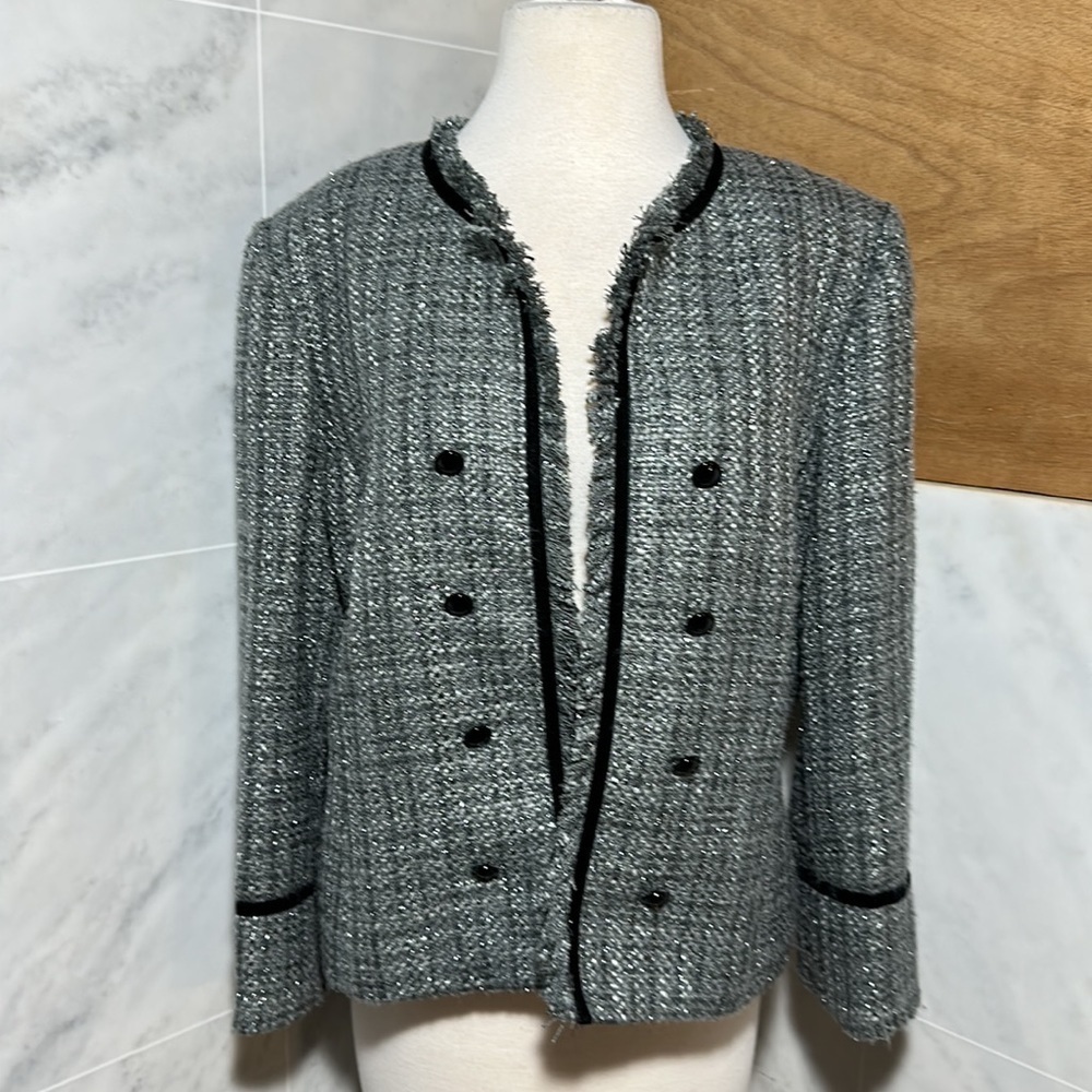 TAHARI ASL Metallic Trims Tweed Fringe Open Blazer Jacket Size 16P